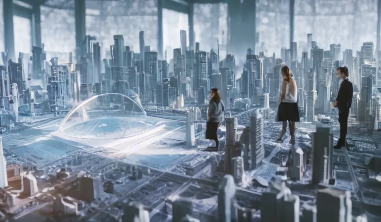 Image similar to group of people in simple white museum, looking at hologram of futuristic city on a table, cinematic concept art, godrays, golden hour, natural sunlight, 4 k, clear details, tabletop model buildings, center model buildings, hologram center, crane shot, crane shot, crane shot