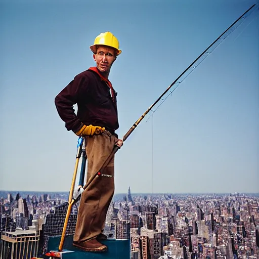 Prompt: closeup portrait of a construction worker with a fishing rod sitting on a metal beam high over new york city, photography, Steve McCurry