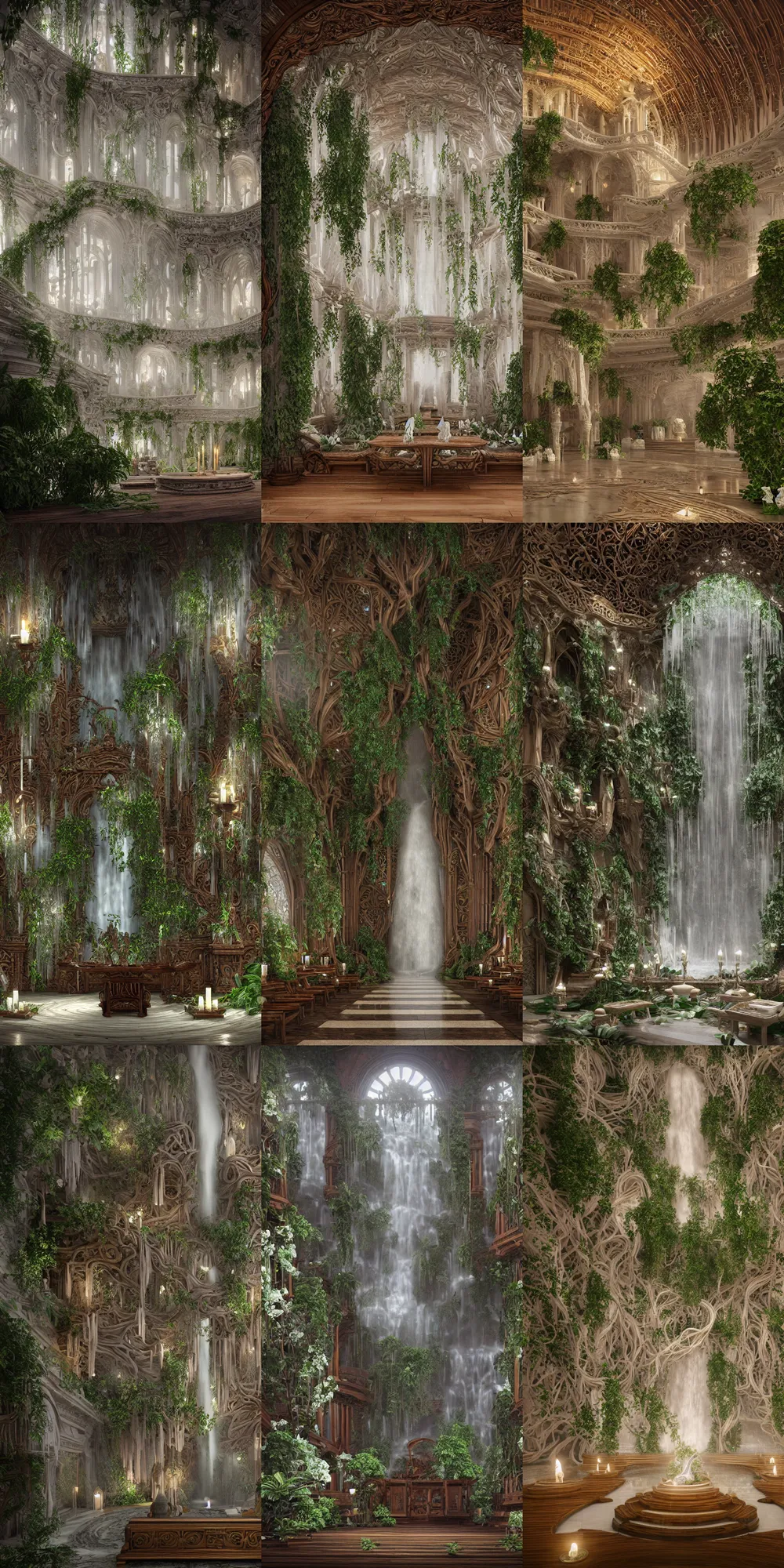 Prompt: interior view, magical white futuristic elven library, expansive grand scale, with ornate detail carved in mahogany timber, next to a waterfall, plants, greenery, white flowers, hanging vines, candles, glowing sprites, fibonacci composition, photorealistic, 8 k, god rays, highly detailed, octane render, unreal engine