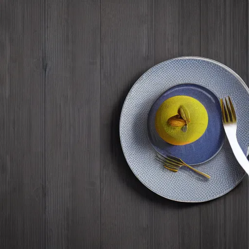 Image similar to a hyperdetailed blue fork, 3 d render, ultra high detail, octane render, rtx, hdr, the fork is on a plate, the plate is on a wooden table.