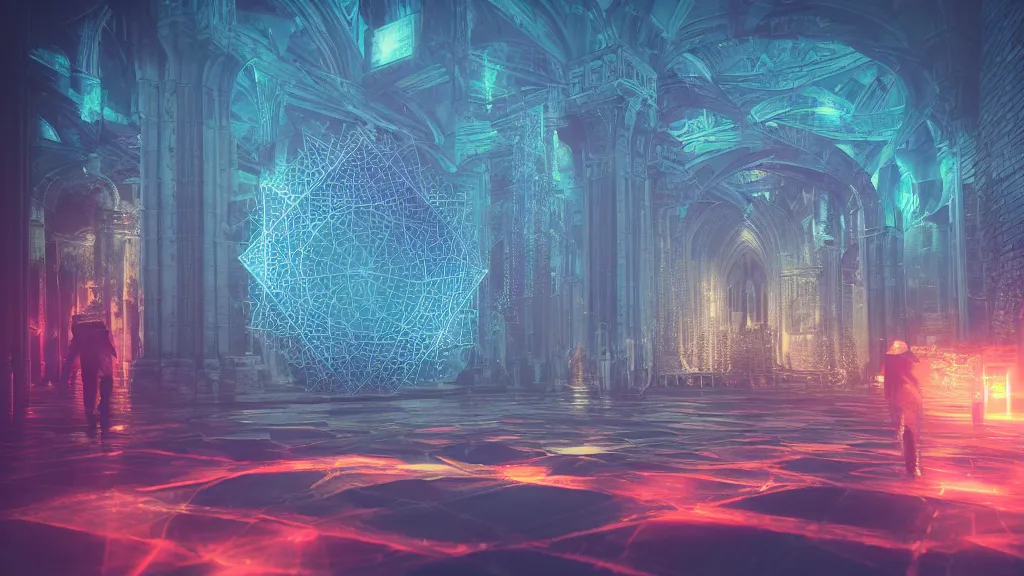 Image similar to psychic, future, ai data, octane render, lapis lazuli, 8 k, sacred geometry, gothic cathedrals, cinematic, night time, neon lights, landscape of the city, redshift render