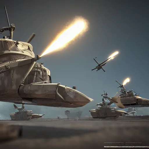 Prompt: !dream big battle helicopters flying firing missiles heavy firing artilery shells flying award winning, trending on artstation, unreal engine