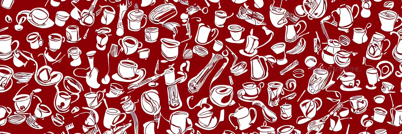 Image similar to seamless pattern design, coffee and musical instrument, vector, simple, red and white,