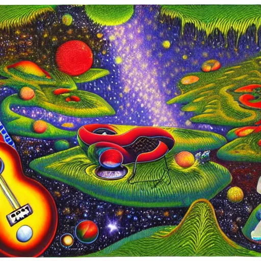 Image similar to psychedelic couch sofa in the lush forest, guitar, milky way, designed by moebius, rob gonsalves, gustav dore, giuseppe arcimboldo and carl barks, louis wain, trending on artstation, canada, star, sharp focus, colorful refracted sparkles and lines, soft light, 8 k 4 k