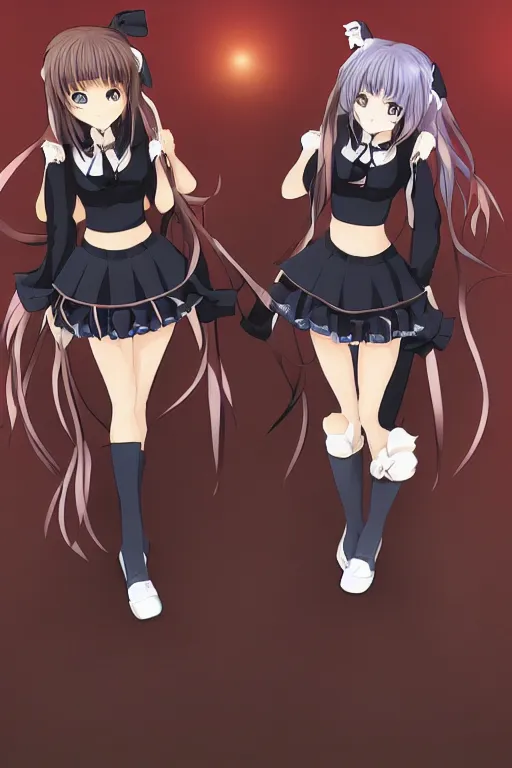 Image similar to two beautiful female idols with twintails standing chest to chest, dark background, soft anime art