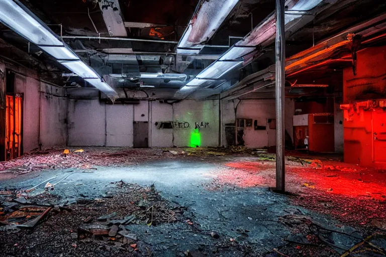 Image similar to abandoned industrial basement lit by a neon sign that says GAK