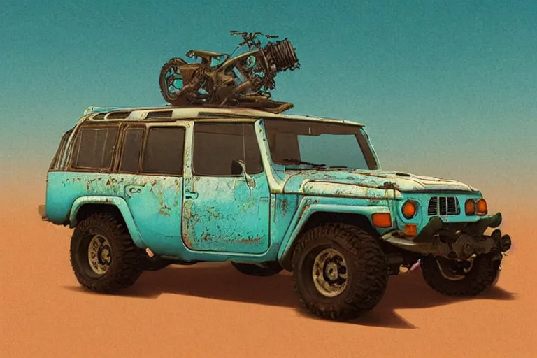 Image similar to digital illustration of a faded cyan mad max's fj 4 0 decrepit!!!! pursuit special, rusty!!! nissan fj cruiser heavily modded 1 9 9 0 s, the last v 8 interceptor by makoto shinkai, ilya kuvshinov, lois van baarle, rossdraws, basquiat