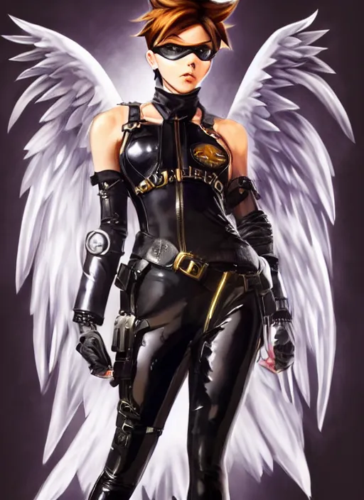 Image similar to full body artwork of tracer overwatch, wearing black latex outfit, in style of mark arian, angel wings, dramatic painting, wearing detailed leather collar, black shiny armor, chains, black harness, detailed face and eyes,