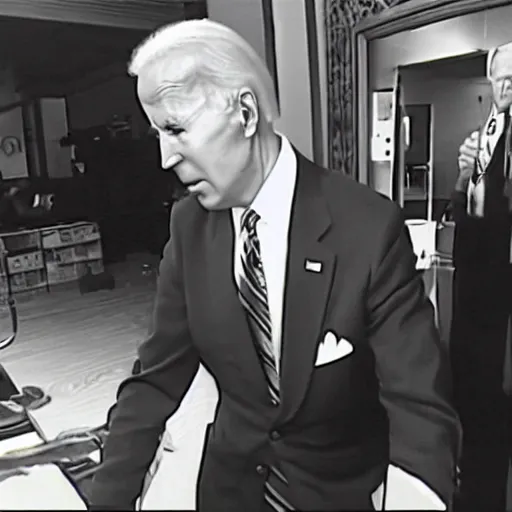 Image similar to Joe Biden caught on a surveillance camera stealing money,CCTV