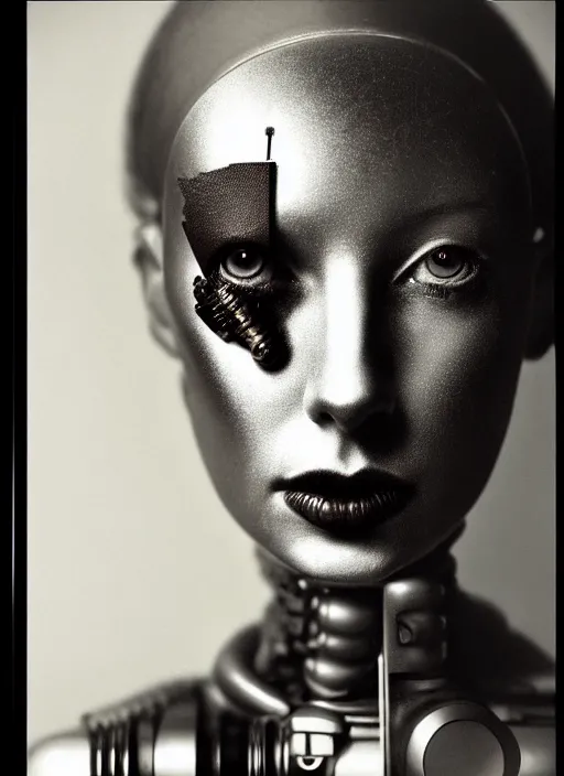 Image similar to photography of beautyful female android steampunk by irving penn,