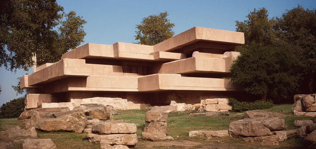 Prompt: ancient greek building designed by frank lloyd wright. fujinon premista 1 9 - 4 5 mm t 2. 9. portra 8 0 0.