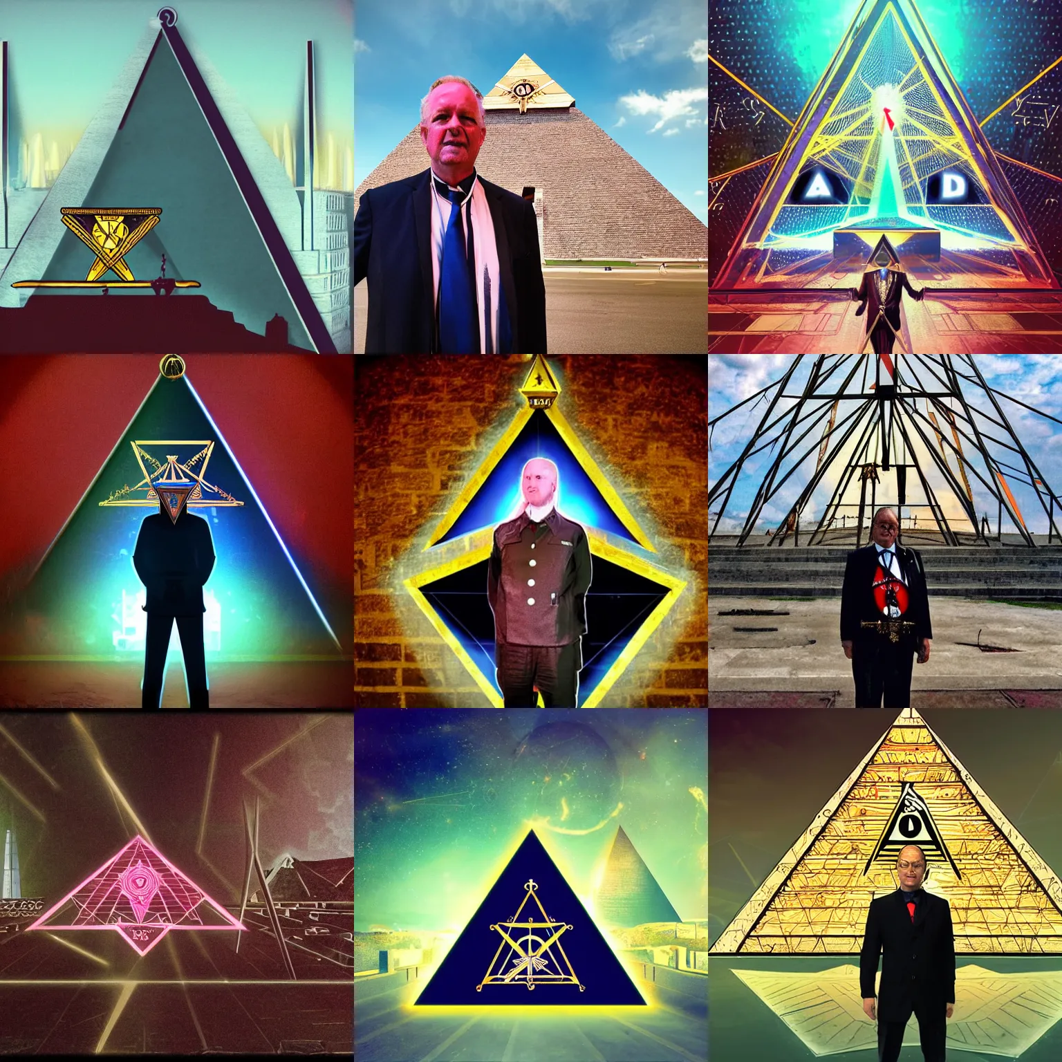 Prompt: freemasonary in front of eye of providence behind ancient sci fi metal neon pyramid in a dystopian place