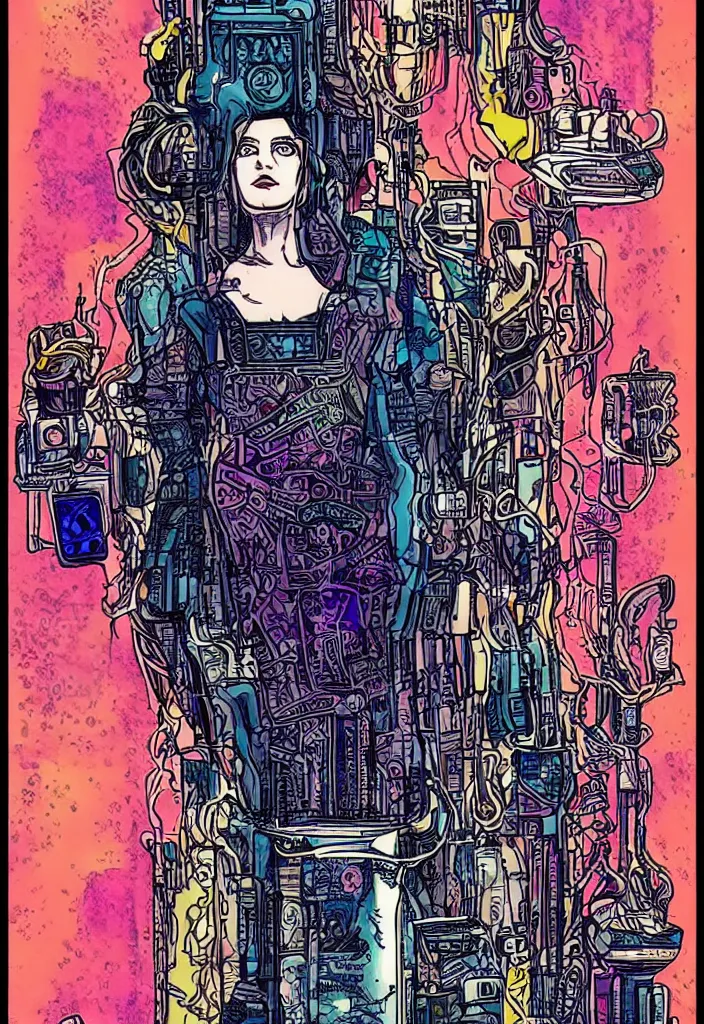 Image similar to the queen of cups as a cyberpunk tarot card