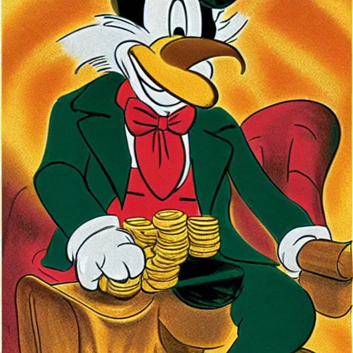 Prompt: scrooge sitting in a pile of gold coins and smoking a cigar, disney, carl barks