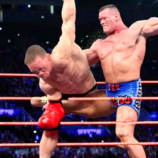 Prompt: john cena bodyslamming donald trump in wwe