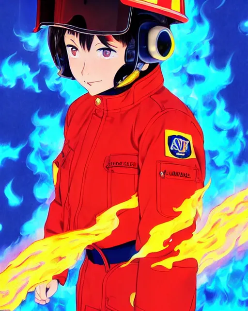 Image similar to fireman, cool pose, fire jacket, helmet, covered in beautiful flames!!! | | very very anime!!!, beautiful fine - face, audrey plaza, realistic shaded perfect face, fine details. anime. realistic shaded lighting poster by ilya kuvshinov katsuhiro otomo ghost - in - the - shell, magali villeneuve, artgerm