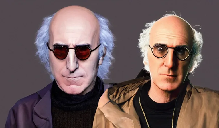 Image similar to Larry David wearing a shady cloak selling you body modification drugs, System Shock 2, Deus Ex, Perfect Dark, Half Life, Source Engine, Quake, Unreal Tournament