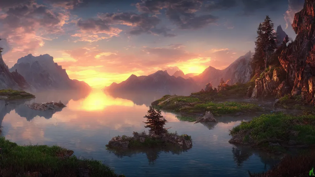 Image similar to amazing landscape with lake in sunset, fantasy artwork, very very very beautiful scenery, hd, hdr, ue5, ue6, unreal engine 5, cinematic 4k wallpaper, 8k, ultra detailed, high resolution, artstation, award winning