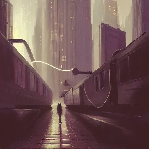 Image similar to detailed portrait of a woman, moment, chillwave elevated train, electronic billboards, tech noir, wet reflections, atmospheric, ambient, livia prima, greg rutkowski, edward hopper, pj crook