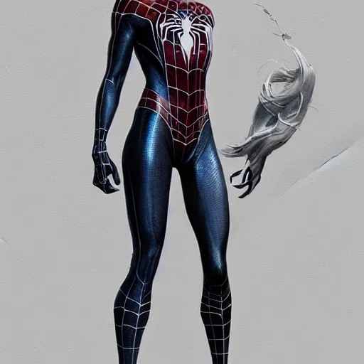 Prompt: full body portrait of white haired girl in spider man suit, super hero, webs, highly detailed, digital art, artstation, concept art, smooth, sharp focus, greg rutkowski, wlop