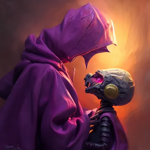 Prompt: Little nightmares, purple raincoat, fiery eyes, cuddling the demogorgon, painted by raymond swanland