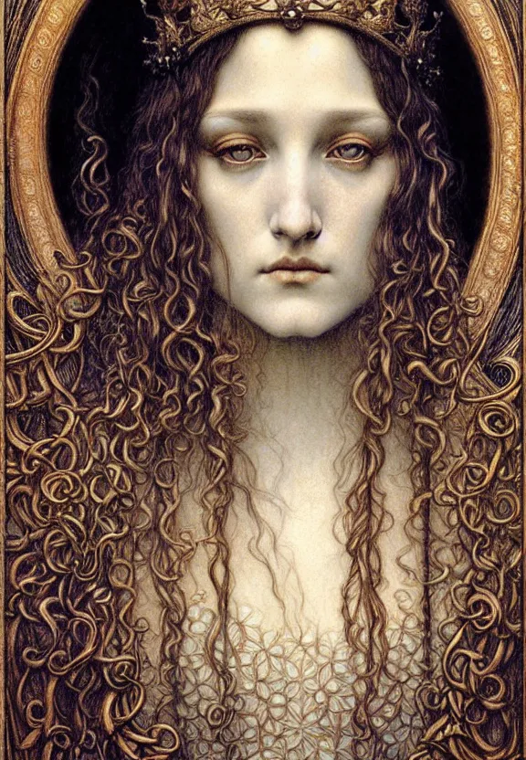 Image similar to detailed realistic beautiful young medieval queen face portrait by jean delville, gustave dore and marco mazzoni, art nouveau, symbolist, visionary, gothic, pre - raphaelite. horizontal symmetry