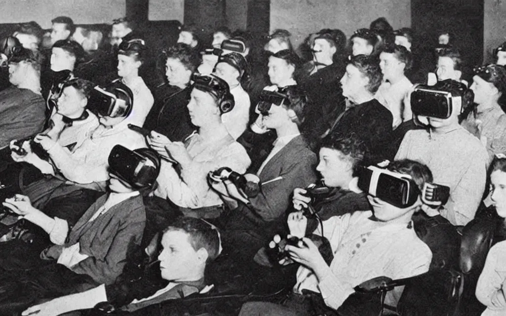 Image similar to 1 9 0 0 s photo of people using iphones ipods virtual reality headsets vr watching hd tv in a movie theater