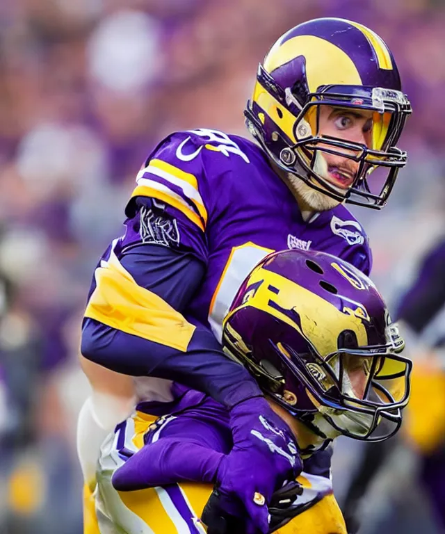 Prompt: extreme close up photo of adam thielen taken with an ultra wide angle lens