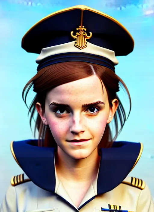 Image similar to cute navy officer emma watson, natural lighting, path traced, highly detailed, high quality, digital painting, by don bluth and ross tran and studio ghibli and alphonse mucha, artgerm