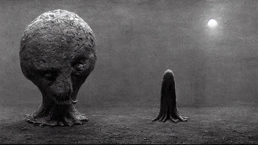 Image similar to the strange creature was sad, for they could not speak, film still from the movie directed by christopher nolan and david cronenberg with art direction by zdzisław beksinski and dr. seuss