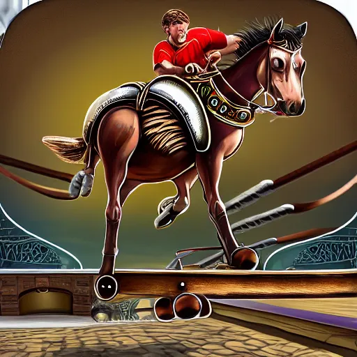 Image similar to roman horsedrawn chariot racer jumping high on half pipe, fish eye, tony hawk, video game