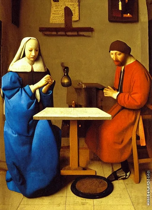 Image similar to Young man at the table with young pretty blonde girl at the crowded inn. Medieval painting by Jan van Eyck, Johannes Vermeer, Florence