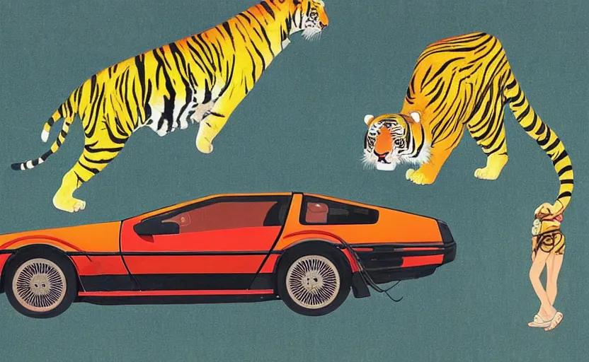 Image similar to a red delorean and a yellow tiger, painting by hsiao - ron cheng & utagawa kunisada, magazine collage style,