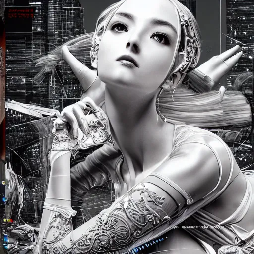 Image similar to the portrait of an absurdly beautiful, graceful, elegant, sophisticated, fashionable cyberpunk gravure idol, an ultrafine hyperdetailed illustration by kim jung gi, irakli nadar, intricate linework, bright colors, porcelain skin, unreal engine 5 highly rendered, global illumination, radiant light, detailed and intricate environment