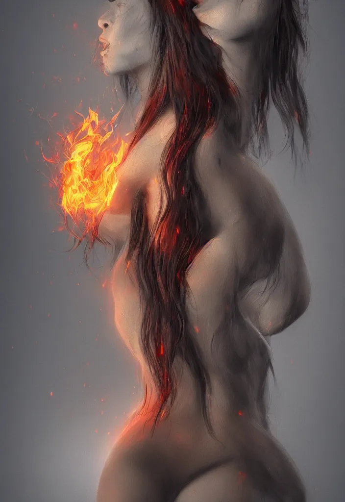 Prompt: a portrait of a woman shot showing her bare back and she has hair made of flames, dark, magical, fantasy, trending on artstation, digital art.