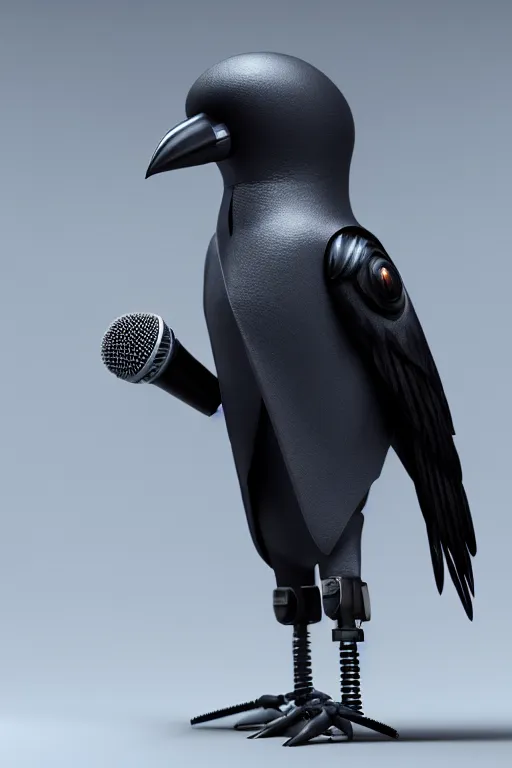 Prompt: high quality 3 d render very cute cyborg crow! next to shure 5 5 s microphone!, cyberpunk highly detailed, unreal engine cinematic smooth, in the style of blade runner & detective pikachu, hannah yata charlie immer, moody light, low angle, uhd 8 k, sharp focus