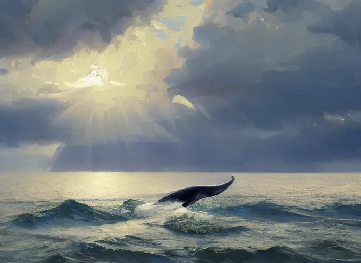 Image similar to oil painting of whale roaming the ocean in dawn by anders zorn, wonderful art by greg rutkowski, incredible lighting, shadows, beautiful cinematic light, american romanticism by greg manchess, tall rocky mountains and storm clouds, sun rays, sunshine, bright sunny summer day, tall backlit waves, wild water, reflections