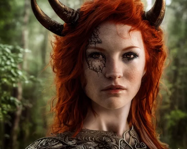 Image similar to 5 5 mm portrait photo of an armored redhead woman warrior, and horns growing from her head, in a magical forest. by luis royo. highly detailed 8 k. intricate. lifelike. soft light. nikon d 8 5 0. cinematic post - processing