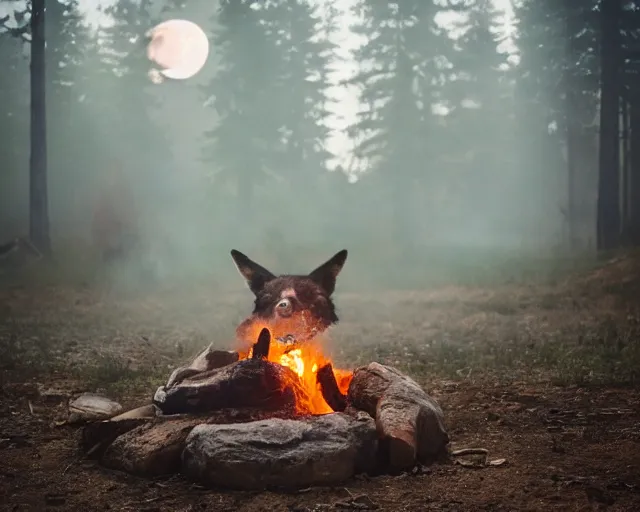 Image similar to spartan drinking tea at campfire with trichocereus background and smoke haze, wolf howling at full moon, photo in the style of the celestine prophecy