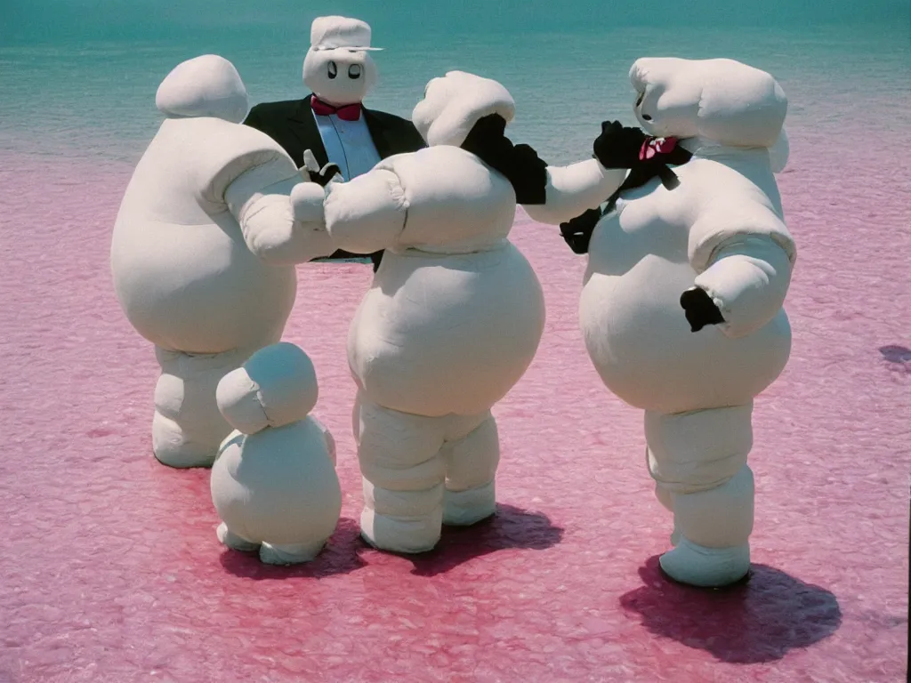 Image similar to 3 5 mm kodachrome colour photography of michelin man and stay - puft marshmallow man dancing in a pink lake, taken by harry gruyaert