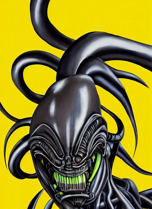 Image similar to a close up of a xenomorph face on a yellow background, an airbrush painting by osamu tezuka, behance, mingei, logo, concert poster, poster art