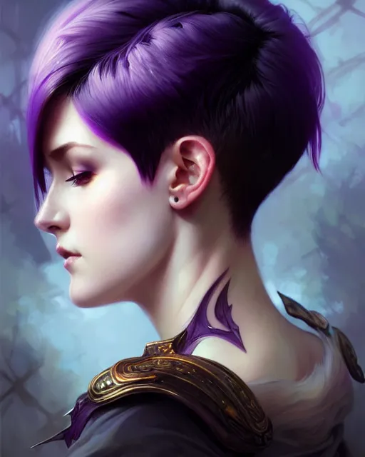 Image similar to fantasy portrait, pixie undercut hairstyle, black to purple fade hair color, intricate, elegant, sharp focus, illustration, highly detailed, digital painting, concept art, matte, art by WLOP and Artgerm and Greg Rutkowski and Alphonse Mucha, masterpiece