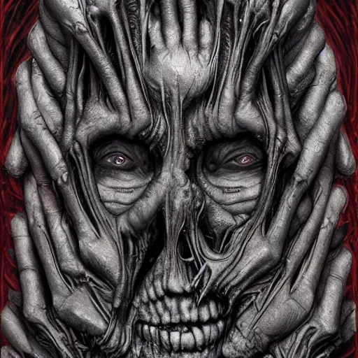 Prompt: a wall made of human faces in purgatory, creepy, melting, since, horror, art by wayne barlowe, giger, artgerm