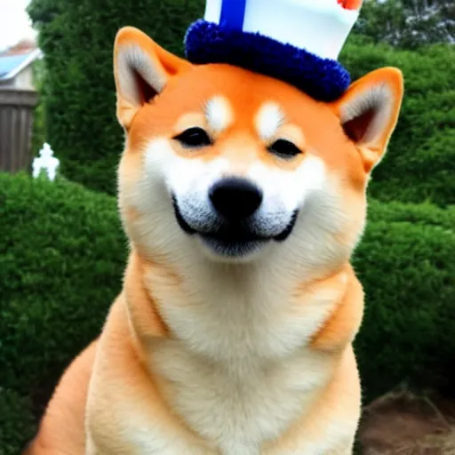 Image similar to Shiba Inu wearing a silly hat
