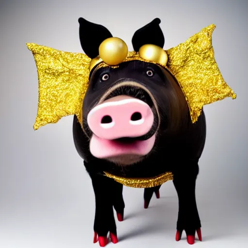 Image similar to studio photograph of a smiling pig depicted as a muppet wearing a gold crown eating from a snack bag with a yellow background, front view