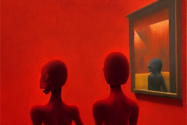 Prompt: only with red, red scammers and art thieves with disney masks, in a museum contemporary art, in the style of beksinski, parts by edward hopper, parts by rodcenko, parts by yue minjun, intricate and epic composition, red by caravaggio, insanely quality, highly detailed, masterpiece, red light, artstation, 4 k