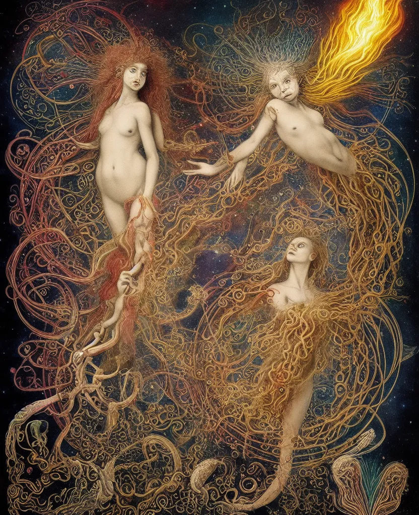 Image similar to at bifrost, a whimsical wild child creature radiates a unique canto'as above so below'while being ignited by the spirit of haeckel and robert fludd, breakthrough is iminent, glory be to the magic within, in honor of venus, painted by ronny khalil