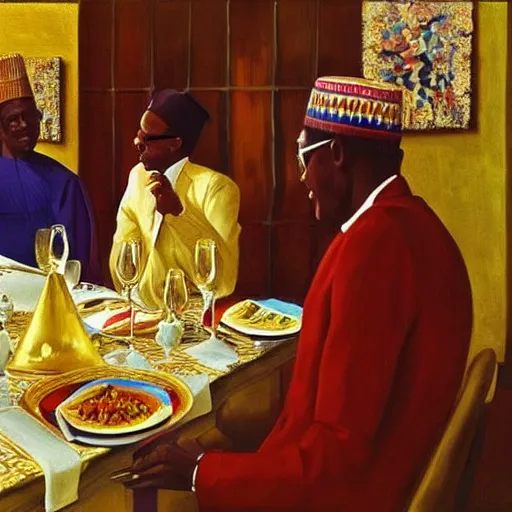 Image similar to president muhammadu buhari eating at a regal buffet facial details beautiful setting elegant event nigerian party minimalist gold ornaments iridescent lighting glamour in the style of edward hooper and henri matisse yinka shonibare oil painting