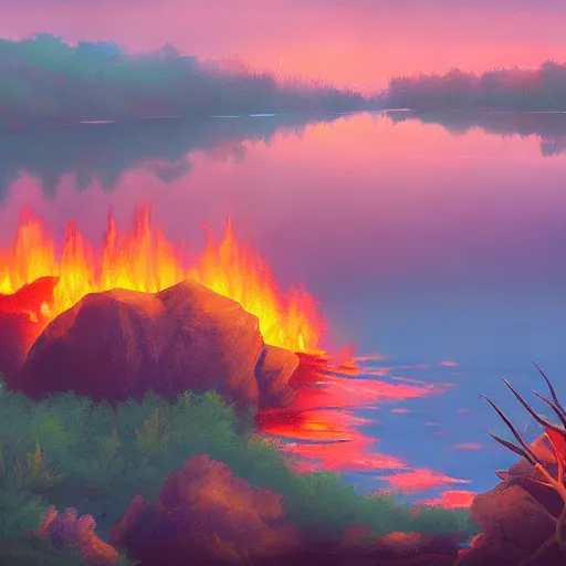 Image similar to lake on fire, trending on artstation, anime 4 k