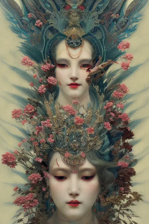 Image similar to portrait breathtaking detailed concept art painting art deco pattern of birds goddesses amalmation flowers head boudhisme temple, by hsiao ron cheng, tetsuya ichida, bizarre compositions, gaston bussiere, exquisite detail, extremely moody lighting, 8 k, art nouveau, old chines painting, art nouveau